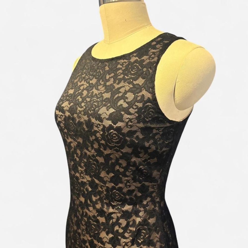 Vtg 90s Sleeveless Dress Lori Ann Black Lace‎ Overlay Asymmetric Hem M 8 10
